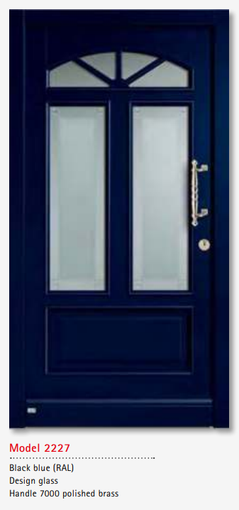 UNILUX Model 2227 Black Blue Door, Designer Glass, Polished Brass Handle, High Security Timber Entry Door